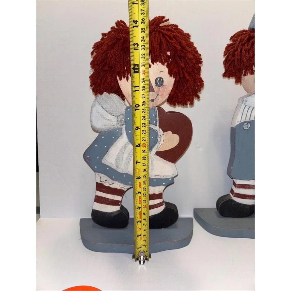 Large Raggedy Ann & Andy Wood Figures Hand Painted Yarn Hair Country Decor 14